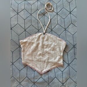 Women’s Cream and Pink Lace Trim Halter Top Cottagecore Size L